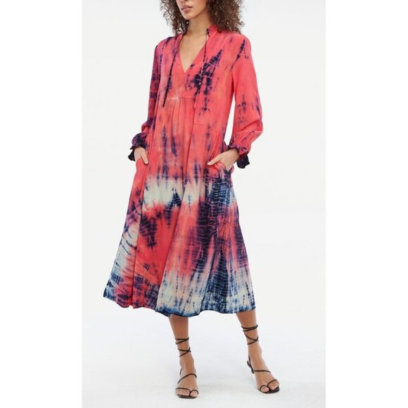 LACAUSA Dresses & Skirts - NWT Lacausa tie dyed red pink blue boho midi tiered Firecracker Roma dress